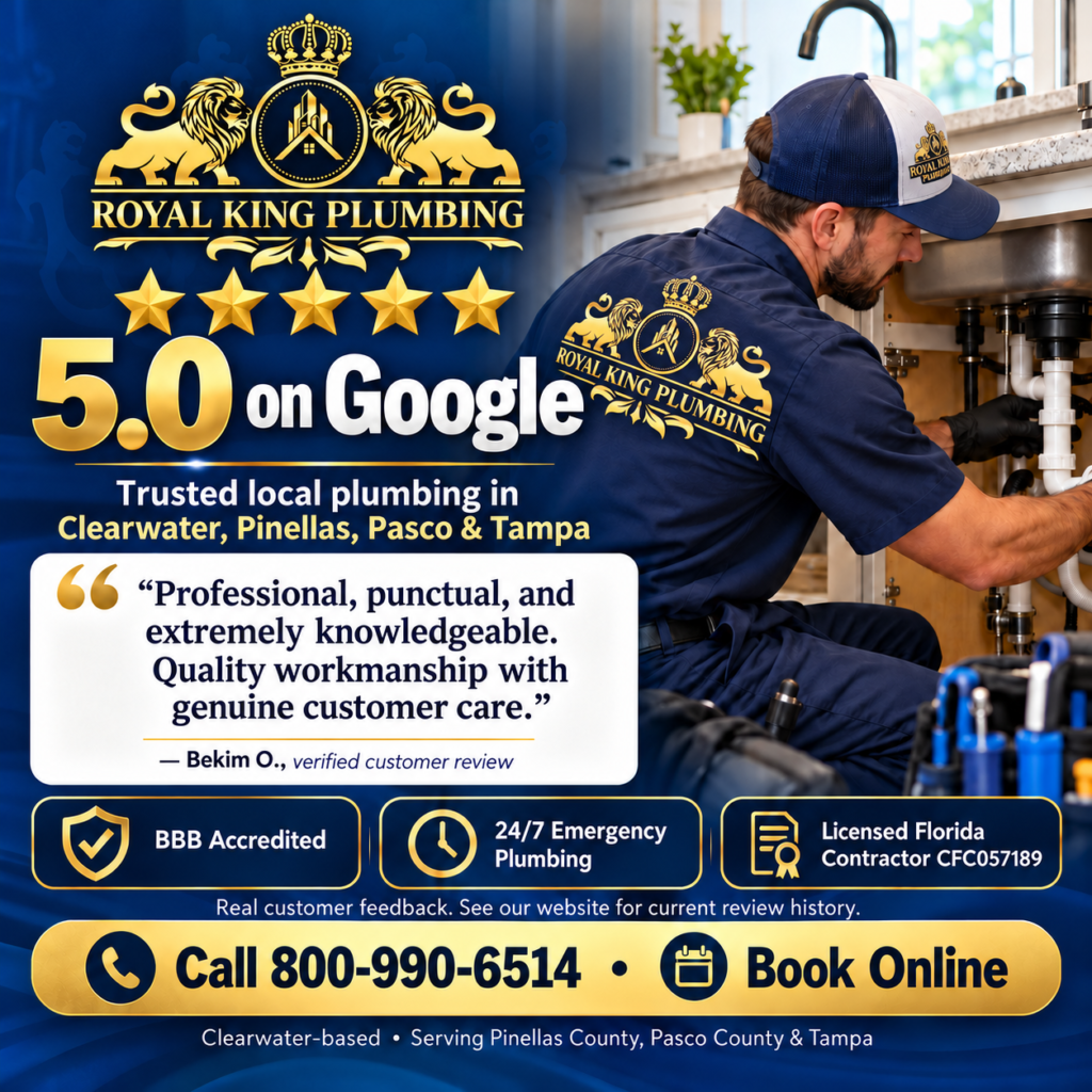 Royal King Plumbing branded graphic featuring a 5.0 Google rating, a separate verified customer testimonial by Bekim O. on Angi, and 800-990-6514.